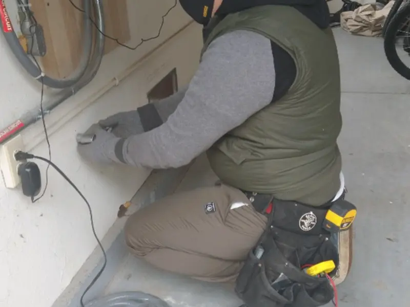 Electrician performing outlet wiring in a Park Rapids garage